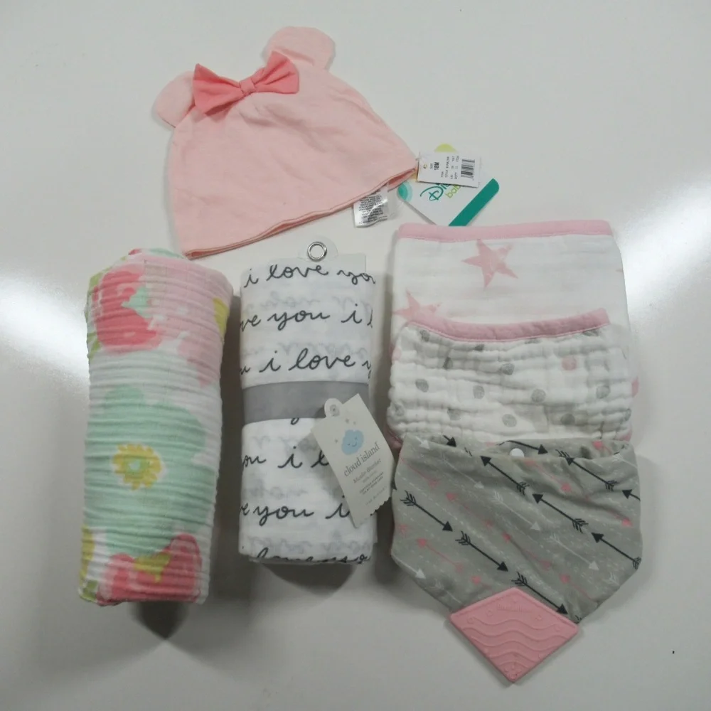 Baby Girl Muslin Blankets and Bandana Bib 6pc Lot